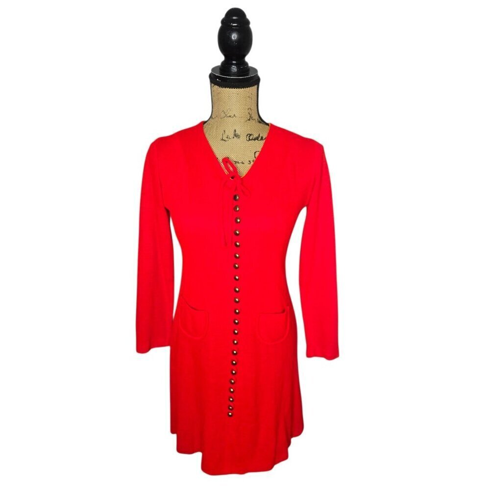 Vintage 70s Red Ribbed Knit Button Casual Dress